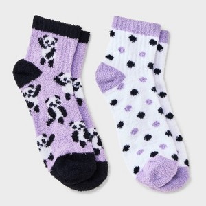 Women's Pandas 2pk Cozy Quarter Crew Socks - Purple/White 4-10 - 1 of 3
