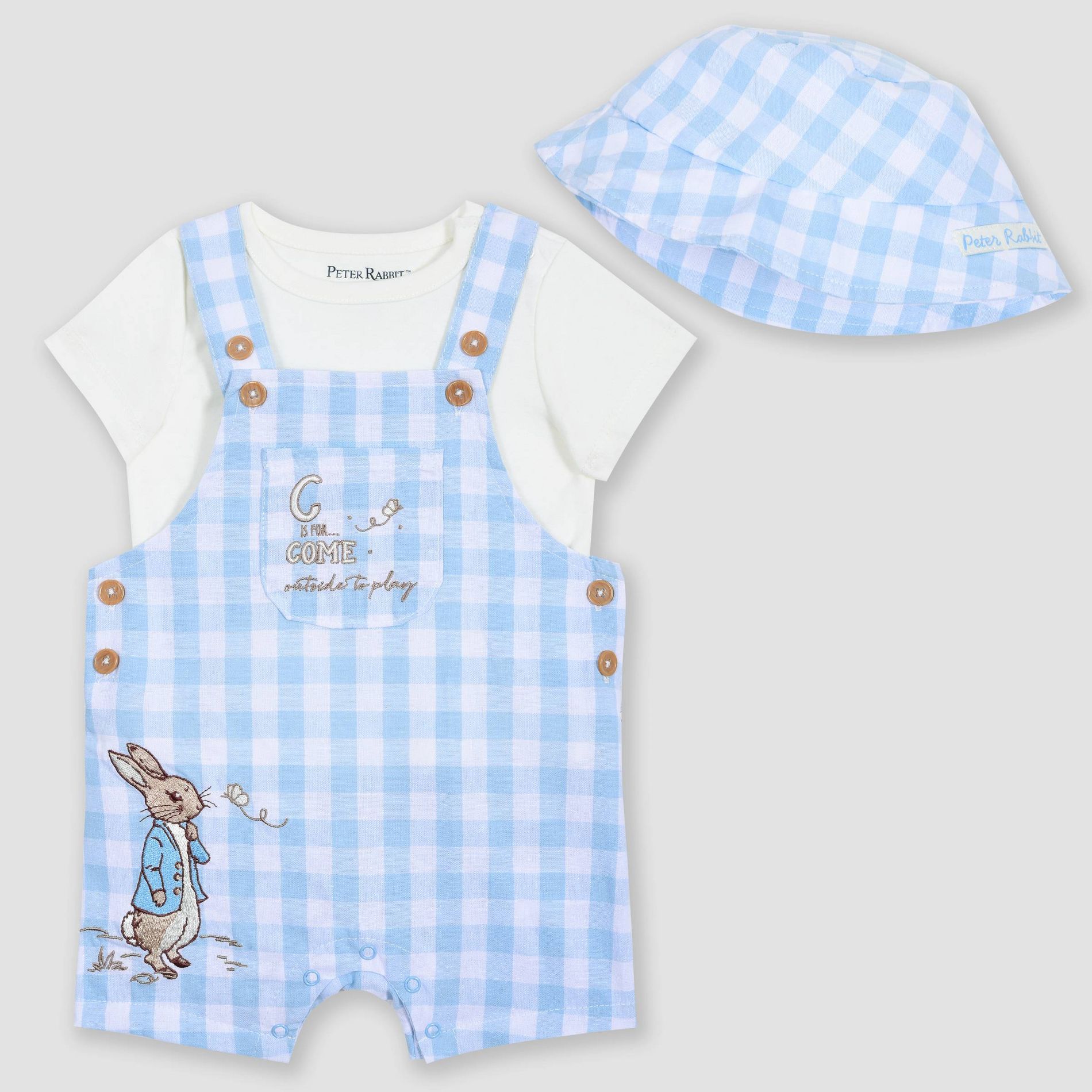 Baby Boys' 3pc Peter Rabbit Gingham Overalls Set with Hat - Blue