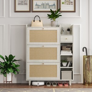 Shoe Cabinet, Shoe Rack Cabinet with 3 Rattan Flip Drawers - 1 of 4