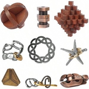 9pcs Retro Wooden Metal Puzzles - Brain Teaser Toys Exercise Logical Thinking Ability - 1 of 4