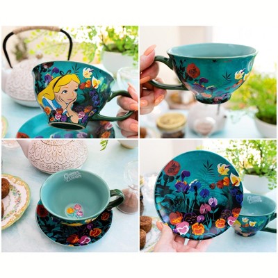 Alice in Wonderland Teal Ceramic Teacup and Saucer Set