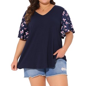 Agnes Orinda Women's Plus Size V Neck Flutter Sleeve Floral Casual T Shirt - 1 of 4