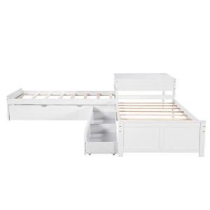 Bellemave L-shaped Platform Bed with Trundle and Drawers Linked with built-in Desk,Twin,White - 1 of 4