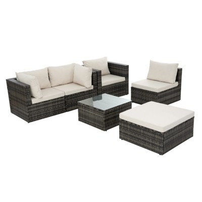 GlasFlength 6PCS Patio Seating Rattan Furniture Set Sectional Sofa Cushioned Garden, Tempered Glass Table, White, 28.94"*28.55"*24.8"