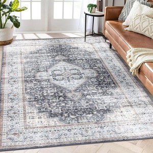 Faux Wool Boho Vintage Floral Printed Area Rug Ultra Thin Low Pile, Machine Washable Stain Resistant  Non Slip Non Shedding Pet Friendly Floor Rug - 1 of 4