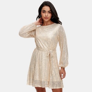 Knit & Lounge Women’s Sequin Mini Dress Long Balloon Sleeves Tie Waist Round Neckline Holiday Party Look - 1 of 4