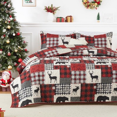 TackView Christmas Quilt Set, Reversible Printed 3 Pieces Quilts Coverlet Bed Set Holiday Decorative Bedding, 1 Quilt and 2 Pillow Shams