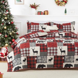 TackView Christmas Quilt Set, Reversible Printed 3 Pieces Quilts Coverlet Bed Set Holiday Decorative Bedding, 1 Quilt and 2 Pillow Shams - 1 of 4
