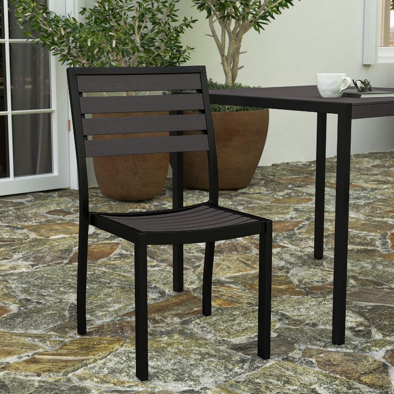 Merrick Lane Outdoor Side Chairs Poly Faux Wood and Metal Patio and Deck Chairs for All-Weather Use- Set of 2, 5 of 11