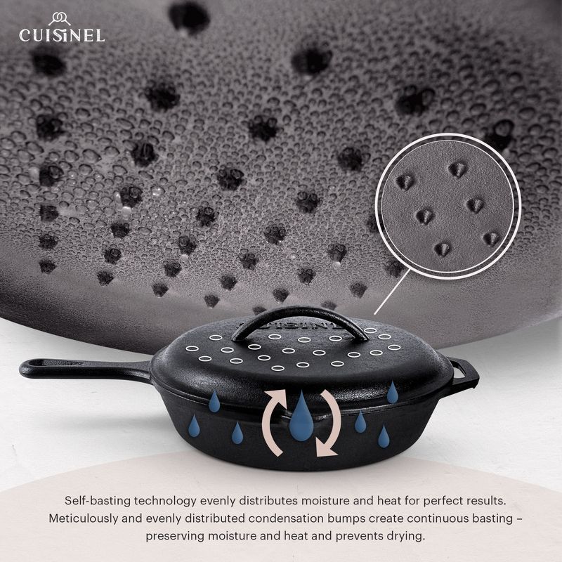 Cuisinel Cast Iron Skillet Set with Lids - 8"+10"+12"-inch Pre-Seasoned Covered Frying Pan Set + Silicone Handle and Lid Holders + Scraper/Cleaner, 3 of 5