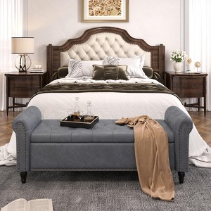 Storage Bed Bench, Faux Leather Upholstered Ottoman Foot Rest with Rolled Arms - 1 of 4