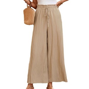 Womens Linen Blend Casual Pants Lightweight Wide Leg High Rise Pant Ruffle Wasit Drawstring Straight Leg Beach Pants Resort Outfits - 1 of 4