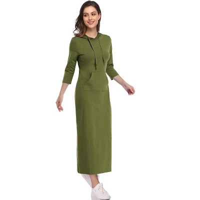 Womens Hoodie Sweat Dress 3/4 Sleeve Slim Fit Hooded Maxi Dress Stripe Summer Dress Soft Lounge Dress