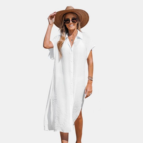 Women's Buttoned Cover Up Shirt Dress - Cupshe-xl-white : Target