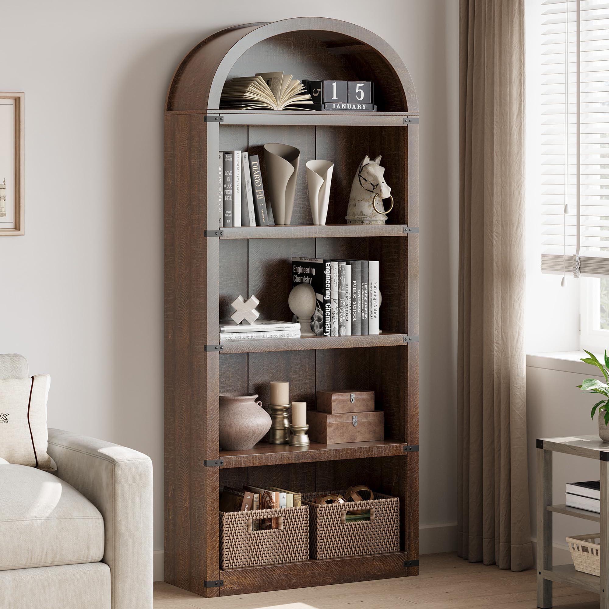 5-Tier White Arched Bookshelf, 72" Tall Arched Bookcase, Floor Standing Open Display Shelving Unit for Living Room, Bedroom, Home Office, Brown