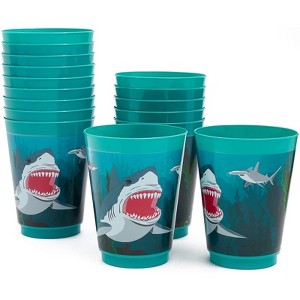 Blue Panda 16 Packs Plastic 16 oz Party Cups Shark Theme Reusable Tumblers for Boys Kids Birthday, Blue - 1 of 4