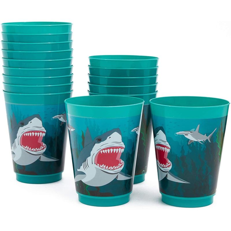 Blue Panda 16 Packs Plastic 16 oz Party Cups Shark Theme Reusable Tumblers for Boys Kids Birthday, Blue, 1 of 6