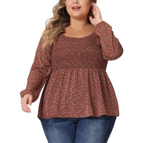 Agnes Orinda Women's Plus Size Long Sleeve Smock Waist Square Neck Floral Peplum Blouses - image 1 of 4