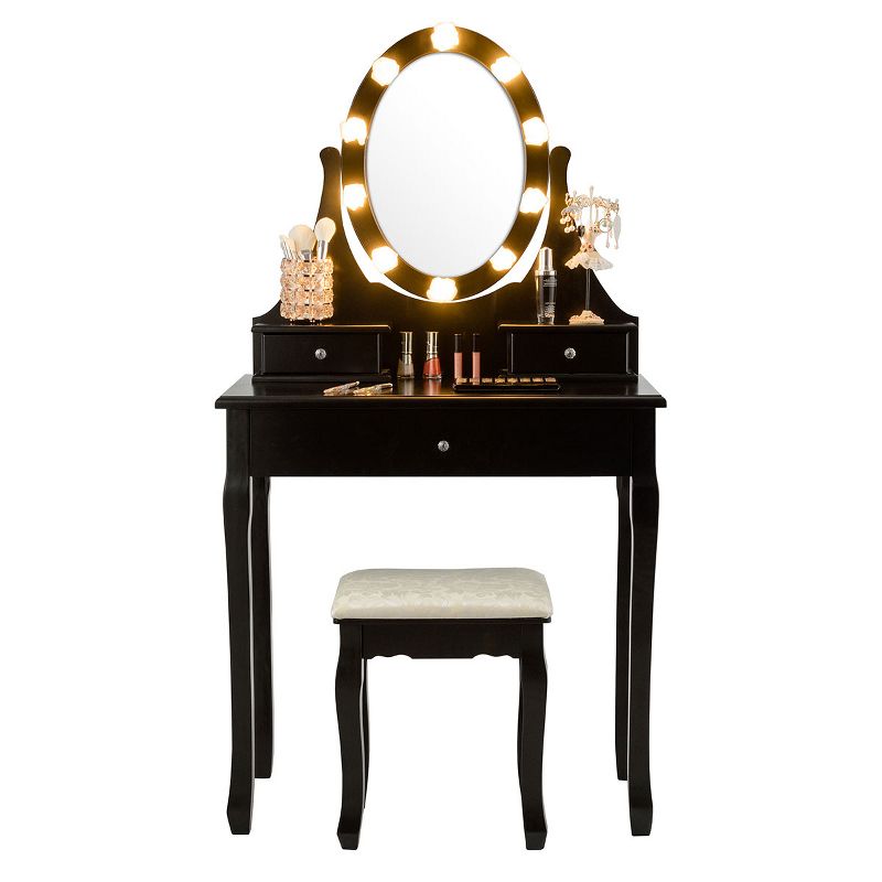 Tangkula Lighted Vanity Mirror Set Makeup Dressing Table w/ 3 Drawers Mirror & 10 LED Bulbs Black, 5 of 7