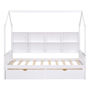 Wooden Twin Size House Bed With 2 Drawers, Storage Shelf Kids' Bed, Multifunctional Sky Roof House Bed Frame, White_Twin Size 1 - 1 of 4