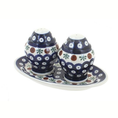 Blue Rose Polish Pottery Nature Salt and Pepper Shaker with Plate