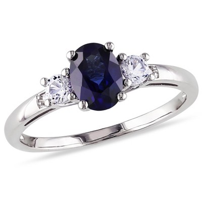 EVERLY JEWELRY | 10K White Gold 1.57 CT TGW Created Blue and White Sapphire 3-Stone Ring with Diamonds Accent