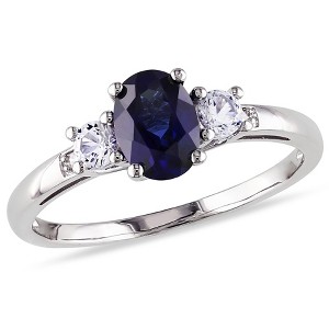 EVERLY JEWELRY | 10K White Gold 1.57 CT TGW Created Blue and White Sapphire 3-Stone Ring with Diamonds Accent - 1 of 4