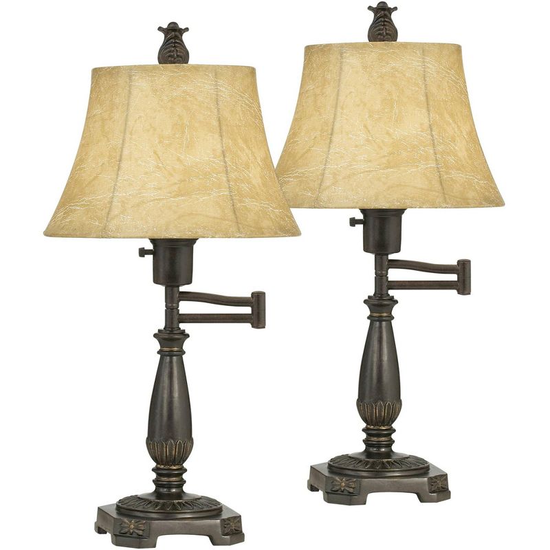 Regency Hill Traditional Swing Arm Desk Table Lamps 22.5" High Set of 2 Bronze Faux Leather Shade for Living Room Bedroom Nightstand Office, 1 of 8