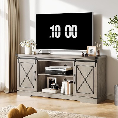 Homhougo Farmhouse TV Stand for TV up to 65 Inches, Entertainment Center with Sliding Barn Doors and Adjustable Shelf, Gray