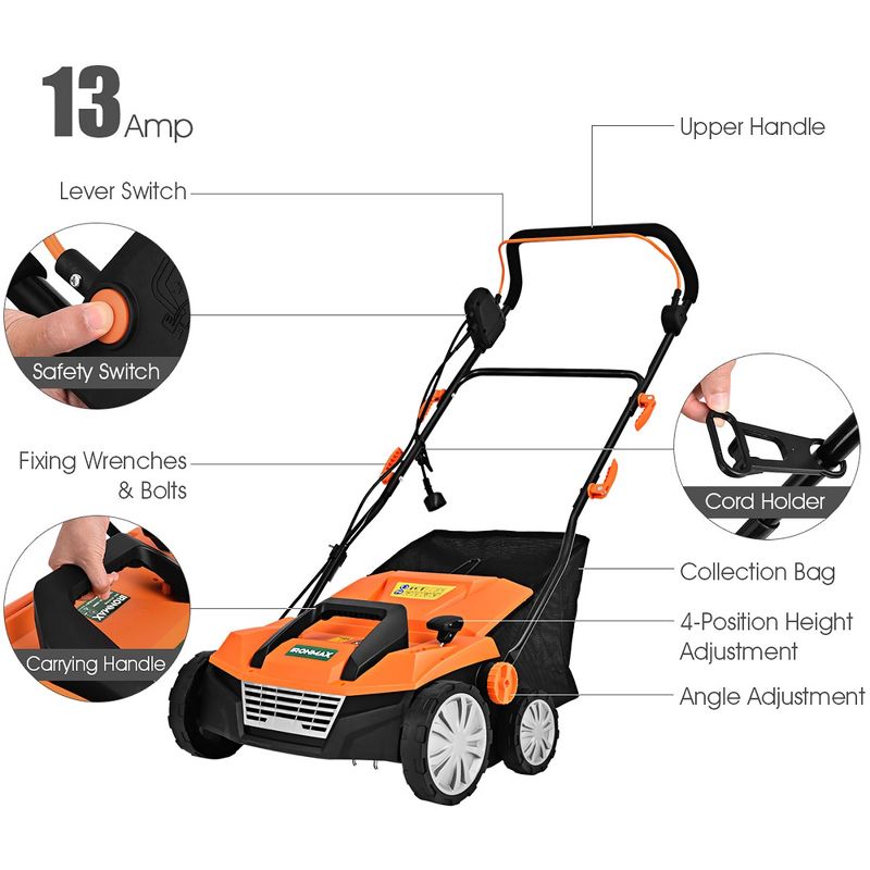 IronMax 13Amp Corded Scarifier 15'' Electric Lawn Dethatcher w/50L Collection Bag, 3 of 11