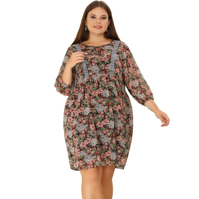 Agnes Orinda Women's Plus Size 3/4 Sleeves Babydoll Crew Neck Lace Floral Flare Retro Dress, 3 of 6