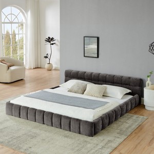 Queen Wood Bed with Upholstered Headboard, Soft Chenille Fabric Grounded King Size Platform Bed, Solid Wood Frame Bed-Baofuwish - 1 of 4