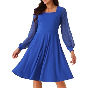 Seta T Women's Long Sleeve Swiss Dots Square Neck Knee Length Elegant Dress - 1 of 4