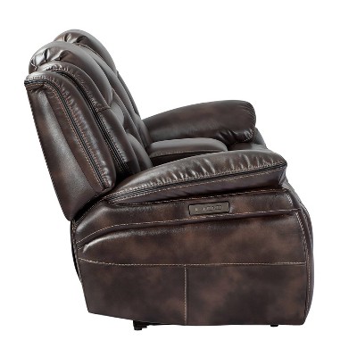 Brown Faux Leather Flared Arm Loveseat with Cup Holder