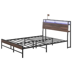 Aghana Digitals Walnut Queen Bed Frame with RGB LED Lights, Charging Station, 3-Tier Storage - 1 of 4
