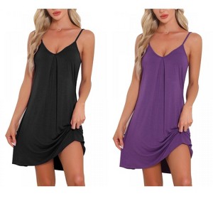 INSPIRE CHIC Women's 2 Pcs Sleeveless Camisole V Neck Pajama Dress Sleepwear Nightgowns - 1 of 4