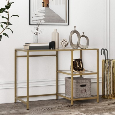 Gold Metal and Glass Console Table with Storage Shelves