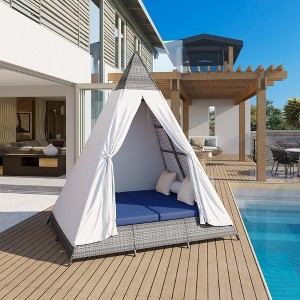 Whisen Outdoor Sunbed With Colorful Pillows, Tent Shape Wicker Patio Daybed With Cushions - 1 of 4