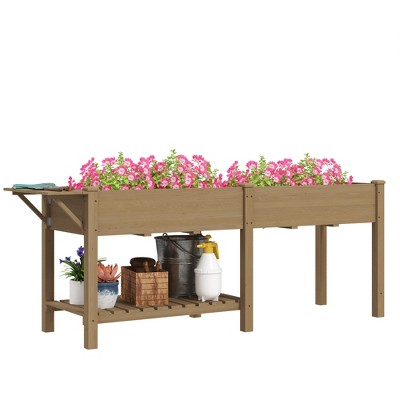 Outsunny Raised Garden Bed, Wood Elevated Planter Box with Side Table, Bottom Shelf, Bed Liners and Drainage Holes