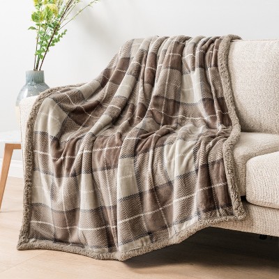 Taupe Plaid Sherpa Fleece Reversible Throw Blanket, 50" x 60"