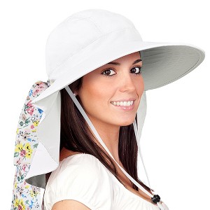 Tirrinia Floral Scarf Wide Brim Women's Sun Hat, with Neck Flap Foldable UV Protection Cap for Garden Beach Hiking, White - 1 of 4