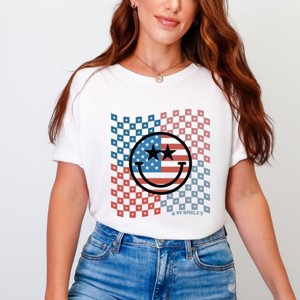 S.W.Smiley Checkered Patriotic Smiley Face - Women's Garment Dyed Graphic T-Shirt - 1 of 4