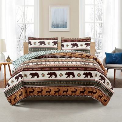 Full Brown Microfiber Reversible Lodge Quilt Set