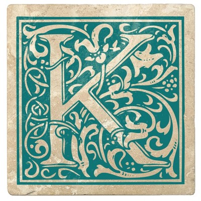 Christmas by Krebs Set of 4 Ivory and Teal Blue Alphabet "K" Square Monogram Coasters 4"