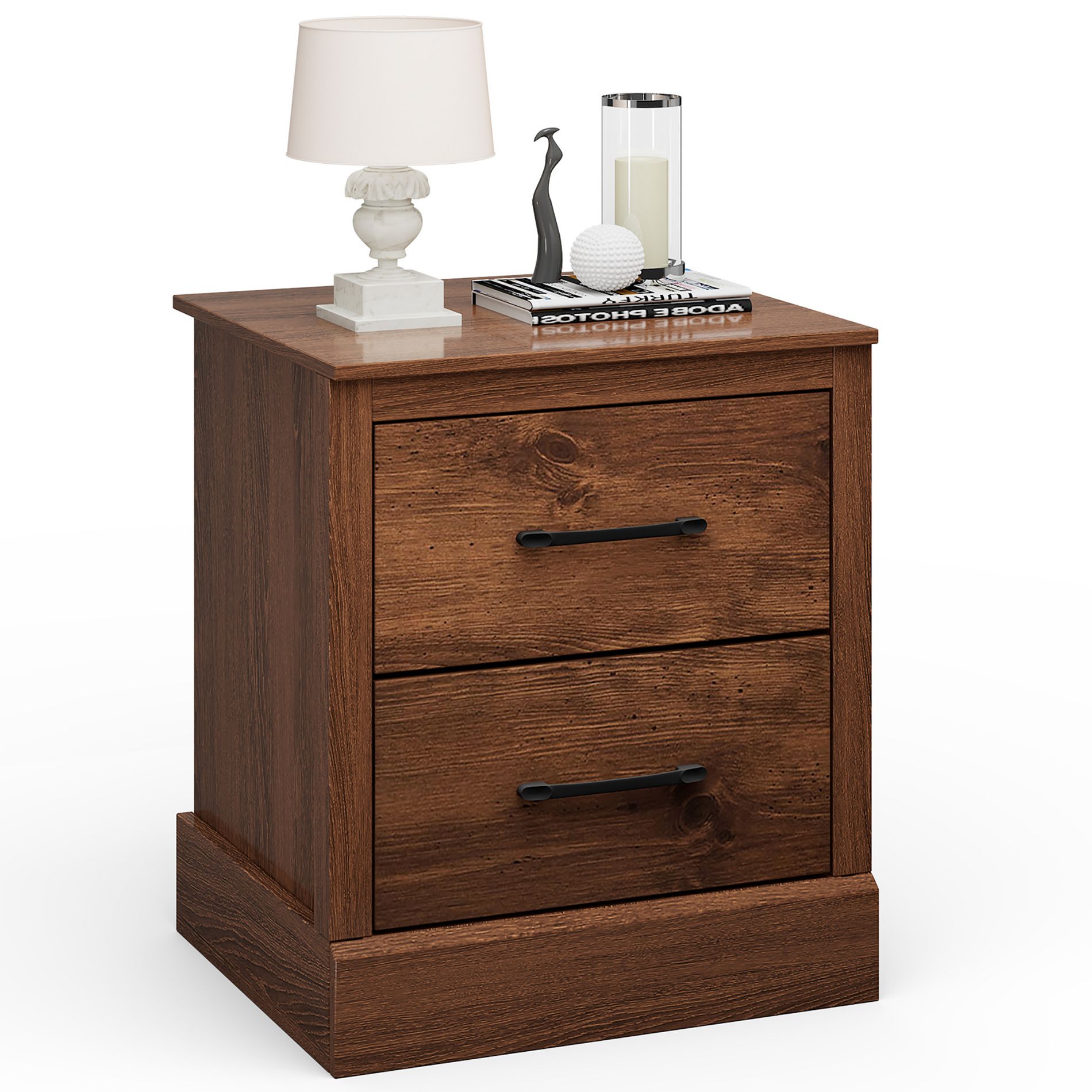 Costway 2 Drawer Nightstand Bedside Table Compact Sofa End Table Rustic Walnut