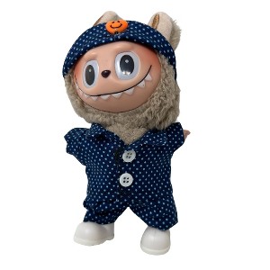 Blue Dot Print Pants Shirt Shoes and Headband with Resin Smile for Labubu Dolls - 1 of 4