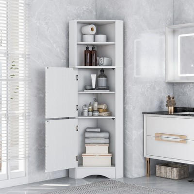 TIRAMISUBEST Tall Bathroom Corner Cabinet, Freestanding Storage Cabinet with Doors and Adjustable Shelves, MDF Board, White