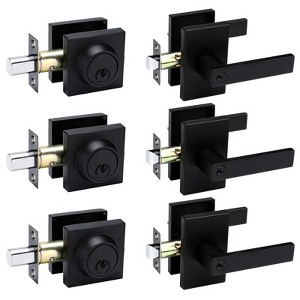Itopfox Black Exterior Door Lock Set with Deadbolt, Square Contemporary Matte Black Front Door Handle, Heavy Duty Zinc-alloyed Door Locks (3 Pack) - 1 of 4