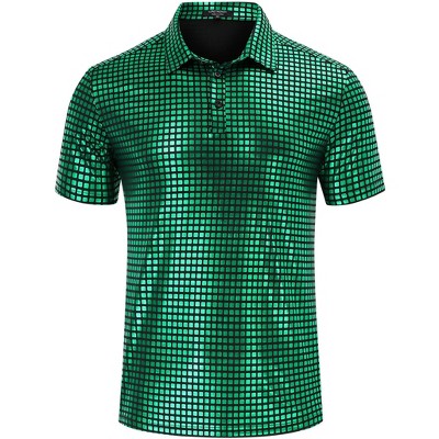 Men's 70s Disco Shirts Shiny Sequins Short Sleeve Party Shirt Slim Fit Nightclub Costume Tops