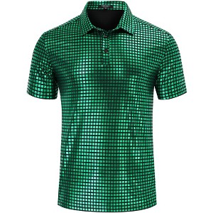 Men's 70s Disco Shirts Shiny Sequins Short Sleeve Party Shirt Slim Fit Nightclub Costume Tops - 1 of 4